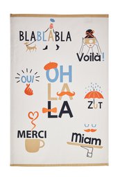 White cotton tea towel with colorful onomatopoeia words, playful typography design, kitchen textile.