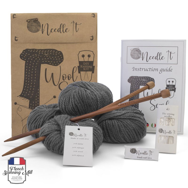 NEEDLE IT® breipakket voor volwassen beginners compleet met breinaalden - DIY breiwollen sjaal - cadeau-idee (grijs)