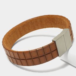  Brown leather bracelet with grid pattern, metal clasp, natural garment-dyed material, men's bangle