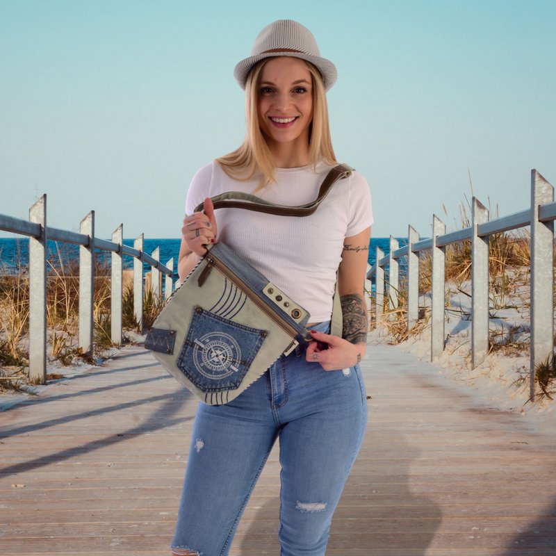 Sunsa Bæredygtig Skuldertaske til kvinder. Skuldertaske lavet af genbrugte jeans & canvas (canvas). Håndtaske i vintage retro stil. Crossbody taske til kvinder med maritimt motiv
