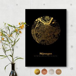 Round wall art featuring a map of Nijmegen in various metallic colors including gold, copper, rose gold, silver, and white. Available in two sizes: 30 x 42 cm and 21 x 30 cm.