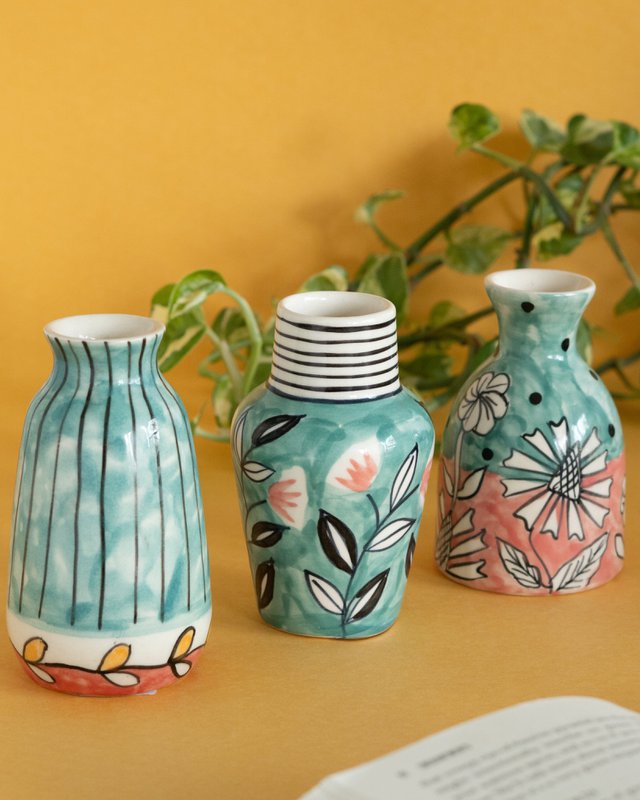 Hand-Painted Ceramic Mini Vases - Set of 3
