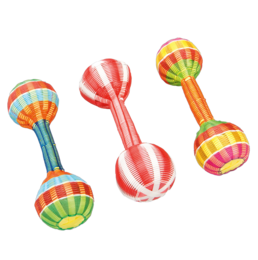 Colorful maracas with a vibrant striped pattern. These musical toys are designed for children and feature two balls attached to a handle, creating a fun and engaging sound when shaken.
