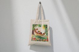 Cotton shopping bag, beige natural color, relaxing sloth in hammock illustration, casual style