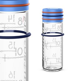 A clear glass water bottle with a blue and orange cap, featuring a minimalist design with icons indicating the bottle's capacity.