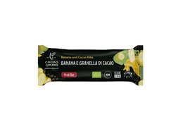 Raw snack bar made with banana and cacao nibs, a healthy and nutritious treat.