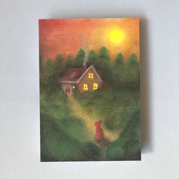 Whimsical illustration of a cozy cottage in a forest setting, with a red fox in the foreground. The warm colors and soft, dreamlike style evoke a fairy tale atmosphere.
