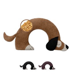 Plush, U-shaped neck pillow filled with organic wheat grains in beige, dark brown, and black color variants.