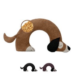 Plush, U-shaped neck pillow filled with organic wheat grains in beige, dark brown, and black color variants.
