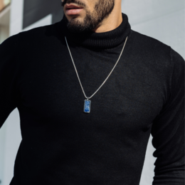 Collar de acero inoxidable de plata para hombres con colgante de lapislázuli rectángulo