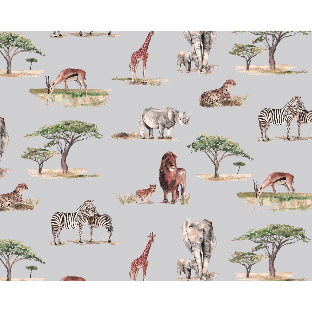 Safari Animals Children's Wallpaper - Grey Colour