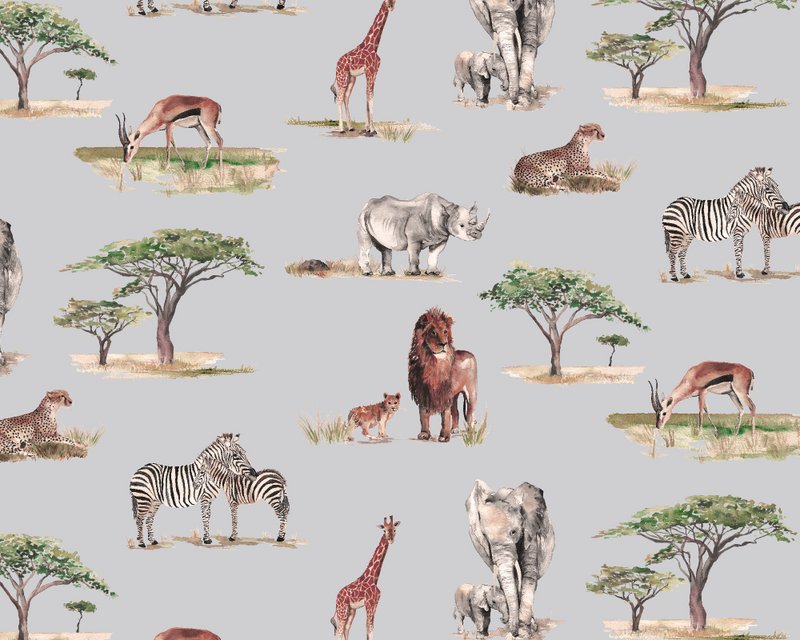 Safari Animals Children's Wallpaper - Grey Colour
