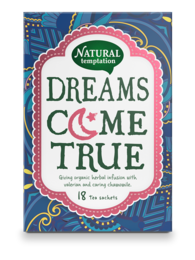 A colorful and vibrant tea box with the text "Dreams Come True" prominently displayed. The box features a whimsical, patterned design in shades of blue, green, and pink, creating a dreamlike and inspirational aesthetic.