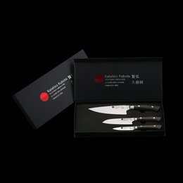 KATAHIRO KUBOTA Scythe 3pcs. Chef's/Santoku knife set made of damask and ebony handle