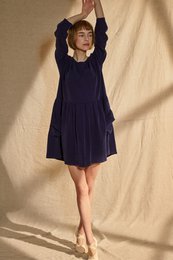 Navy blue Tencel dress for women with long sleeves and a flared skirt.