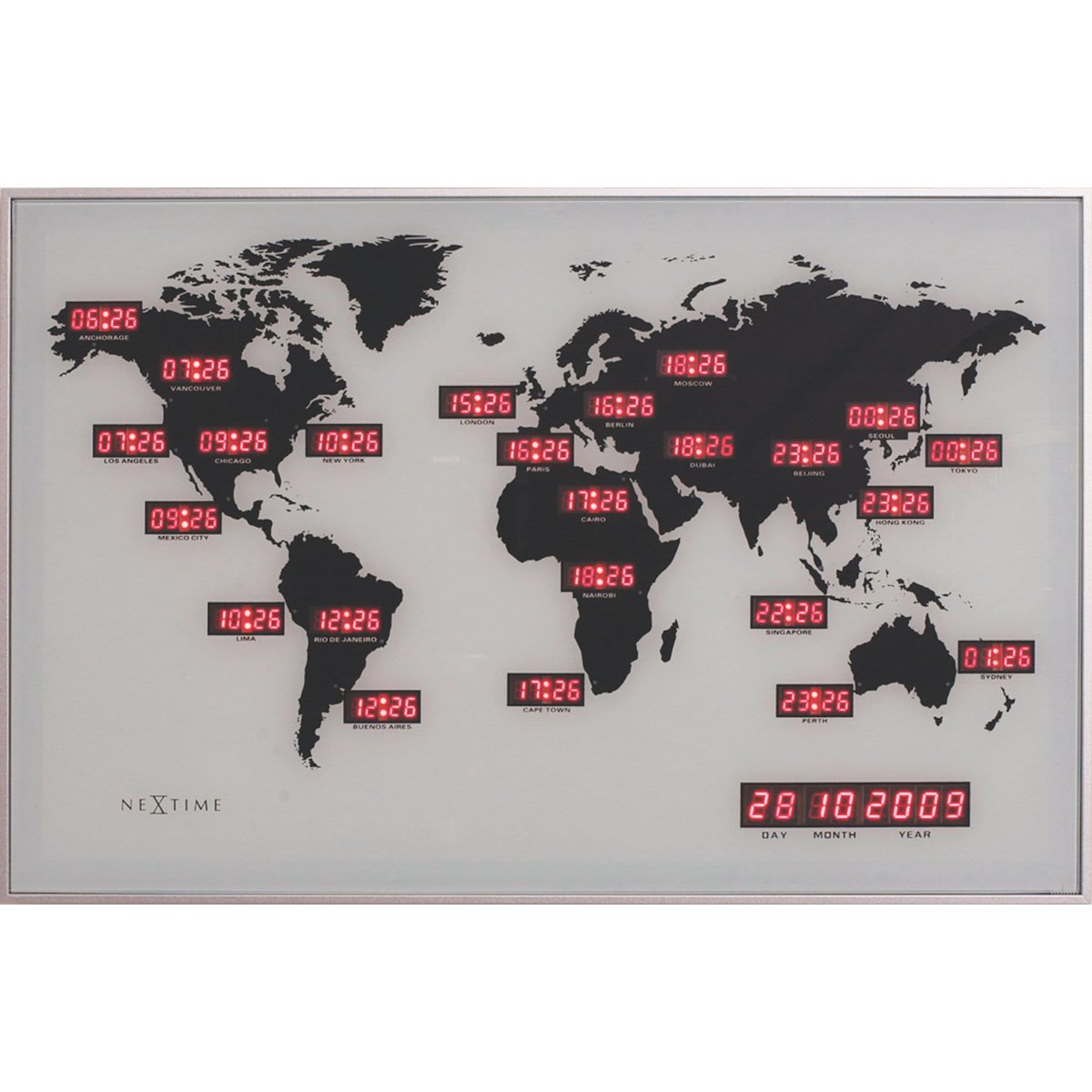 Vægur - 55 x 36 x 4 cm - Glas - Aluminium - Verdensur - 'World Time Digit'