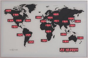 Wandklok - 55 x 36 x 4 cm - Glas - Aluminium - Wereldtijdklok - 'World Time Digit'