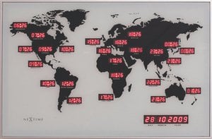 Wandklok - 55 x 36 x 4 cm - Glas - Aluminium - Wereldtijdklok - 'World Time Digit'