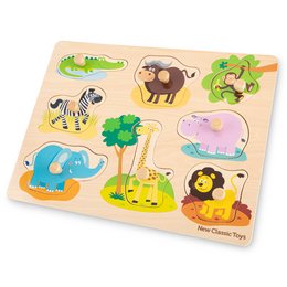 A colorful wooden puzzle featuring various safari animals including a zebra, elephant, giraffe, and lion. The puzzle pieces are shaped like the different animals and have a textured surface for tactile exploration.