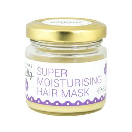 A super moisturizing hair mask in a glass jar with a silver lid. The mask is designed to deeply hydrate and nourish dry, damaged hair.