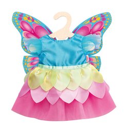  Colorful butterfly-themed doll dress with pink, blue, and yellow details. Includes petal-shaped skirt and wing-like sleeves.