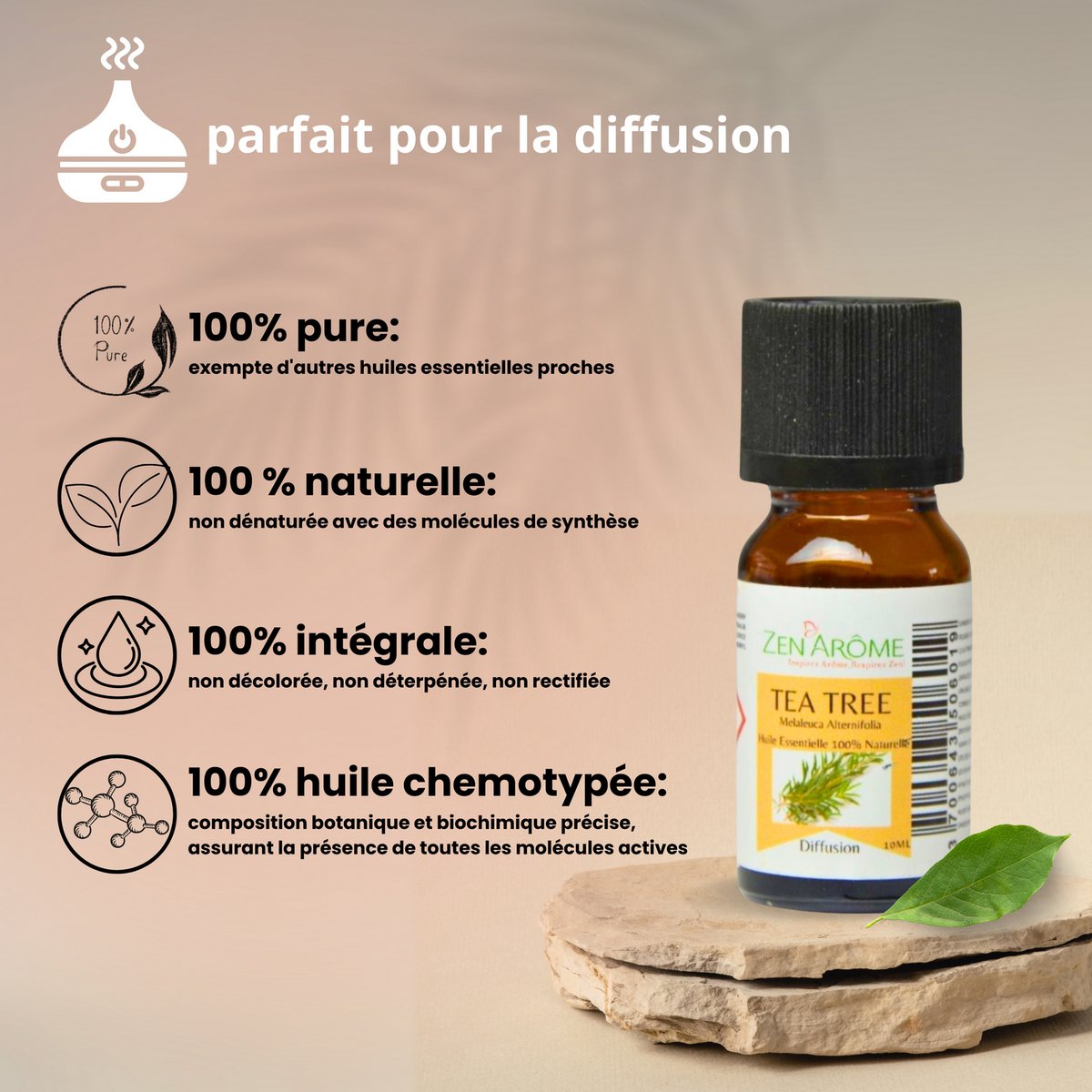 Aceite esencial - Árbol del té - 10 ml - Uso para difusión - Envasado en Francia