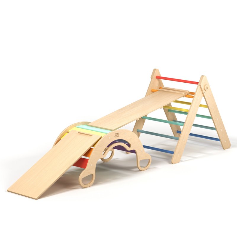 Großes Set - Pikler Dreieck + 2 Rutschen/Kletterleitern + Balancewippe