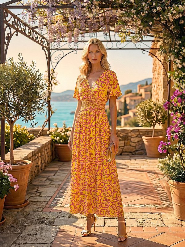 Robe Maxi "Sienne" – Coupe Impériale à Taille Smockée et Imprimé Volutes - 610-6