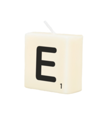 Ivory-colored candle in the shape of the letter 'E', suitable for party decorations or celebrations.