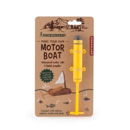 A wooden motor boat kit with a yellow motor and propeller, designed for arts and crafts projects.