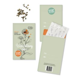 A green seed bag with the text "Sowing appreciation" and an illustration of a flower. The bag contains packets of various seeds.

colors: green, brown, orange
materials: paper, plastic
style: illustrated, nature-inspired
shape: rectangular
description: A green paper seed bag with an illustrated flower design and the text "Sowing appreciation". The bag contains packets of various seeds for planting.
