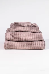Warm gray waffle cotton-modal towel set in various sizes, including 115x180cm, 76x142cm, 50x90cm, and 30x40cm.