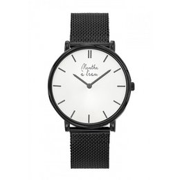 A sleek, minimalist black watch with a white dial and a mesh metal strap.