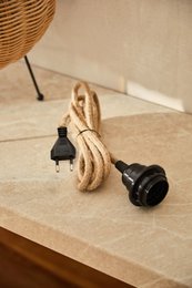 Jute rope pendant lamp cord with black plug, natural woven twine lighting fixture, adjustable E14 E27 socket.