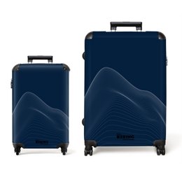 Lightweight navy blue suitcase with abstract line design, available in 3 sizes, with 4 wheels for easy rolling.