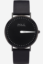 A sleek, minimalist black watch with a simple dial design and a leather strap, suitable for everyday wear.