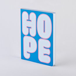  A blue and white notebook with the text "HOPE" printed on the cover. The notebook appears to be a dotted journal with 256 numbered pages made of 120g premium recycled leather paper, sustainably produced in Germany.