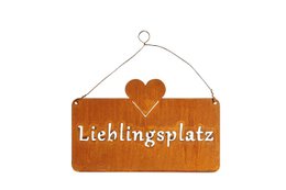 Rustic wooden sign with heart-shaped cutout, text "Lieblingsplatz" (Favorite place) in German. Suitable for home decor, wall hanging.