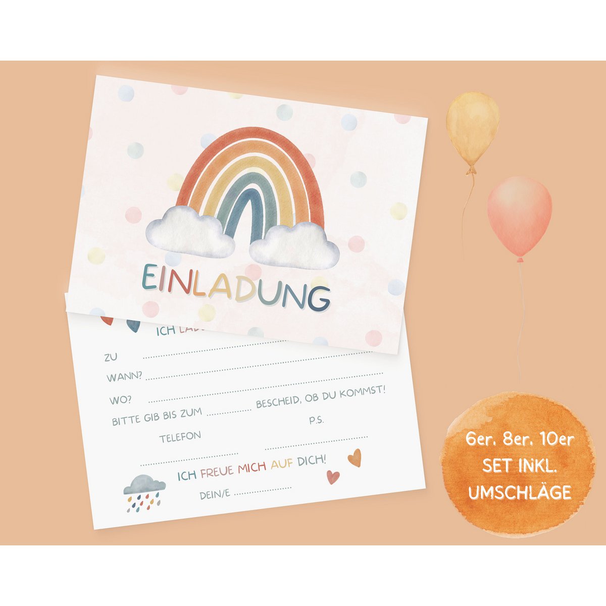 Rainbow invitation card children's birthday girl or invitation for baptism, communion, confirmation or youth consecration to fill in the envelope