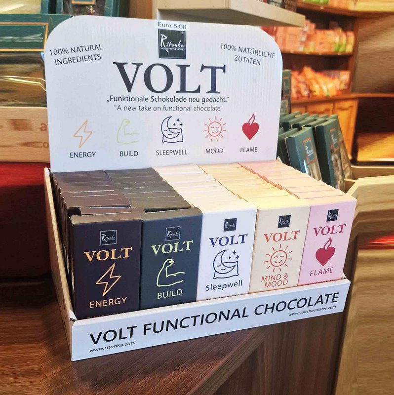 Volt display - 5 functional chocolate varieties Sales display (total 50 pieces)