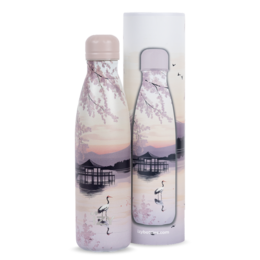 Sunset Lake 500ML Thermos Bottle - Stainless steel, double-walled, and insulated to keep drinks hot or cold. Features a scenic landscape design with a lake and trees.