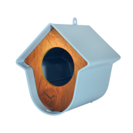 Plastic bird feeder in a modern, minimalist design with a wooden accent. Available in grey, white, and blue color options.