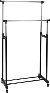 Clothing rack on wheels - 2 rods - metal & plastic - mobile clothing rack for extra storage space - black