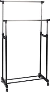 Clothing rack on wheels - 2 rods - metal & plastic - mobile clothing rack for extra storage space - black