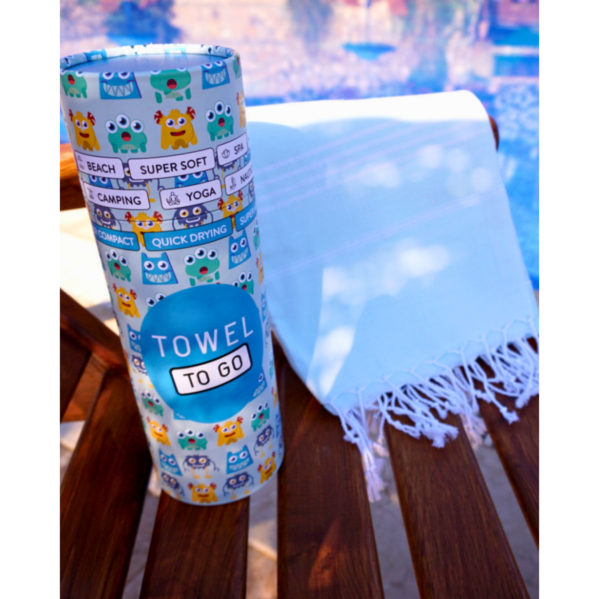 HANDDOEK TO GO IPANEMA KIDS Katoenen strandponcho 60x48 cm | Sneldrogende luierhanddoek | Blauw | met geschenkdoos