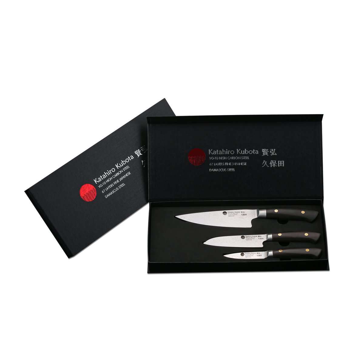 KATAHIRO KUBOTA zeis 3st. Koks-/Santoku-messenset gemaakt van damast en ebbenhouten handvat