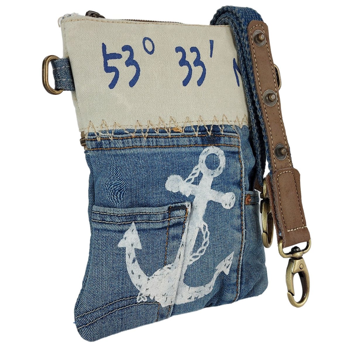 Sunsa Damen Umhängetasche. Schultertasche aus Upcycling Jeans und Canvas (Segeltuch). Handtasche Vintage Retro-Stil. Crossbody Tasche für Frauen mit Anker Maritimmotiv