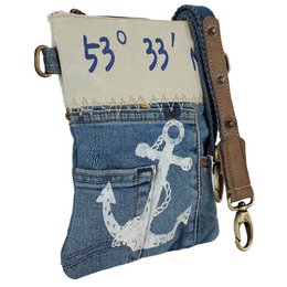 Sunsa Damen Umhängetasche. Schultertasche aus Upcycling Jeans und Canvas (Segeltuch). Handtasche Vintage Retro-Stil. Crossbody Tasche für Frauen mit Anker Maritimmotiv
