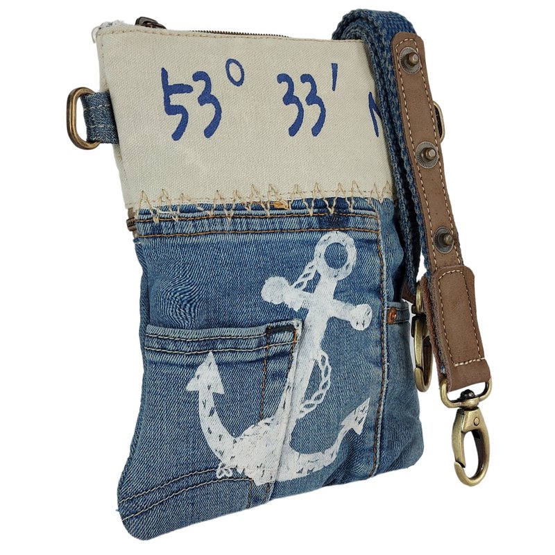Sunsa Damen Umhängetasche. Schultertasche aus Upcycling Jeans und Canvas (Segeltuch). Handtasche Vintage Retro-Stil. Crossbody Tasche für Frauen mit Anker Maritimmotiv