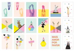 A set of 18 colorful cards with various abstract designs and illustrations, including shapes, patterns, and stylized figures.